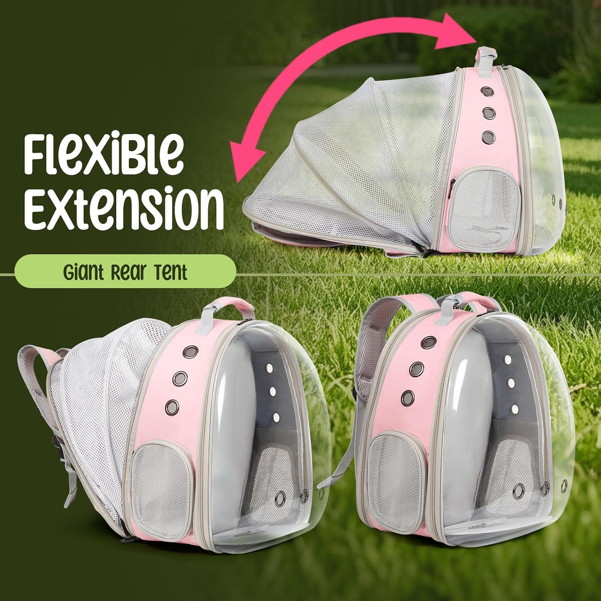 Back Extension Cat Travel Carrier Backpack (Pink, Clear Window)