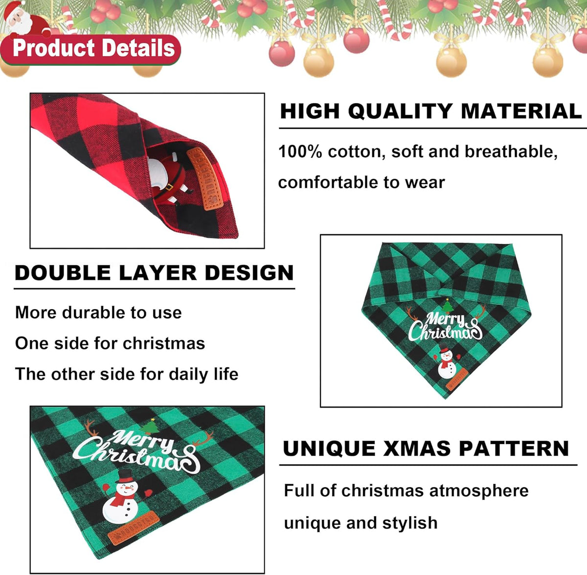 2 Pack Dog Bandana Christmas Classic Plaid Pet Scarf Triangle Bibs Kerchief Merry Christmas Santa Snowman Bandana for Medium Large Dogs Pets (Large)