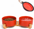 Ceramic Cat Dog Bowl Set with Stand,Pet Food and Water Dishes,Medium Dog Bowls anti -Slip Set of 2 Cat Dish Pet Food Bowls- Small Medium Size Pet (28OZ/6.1 In) Rust Red