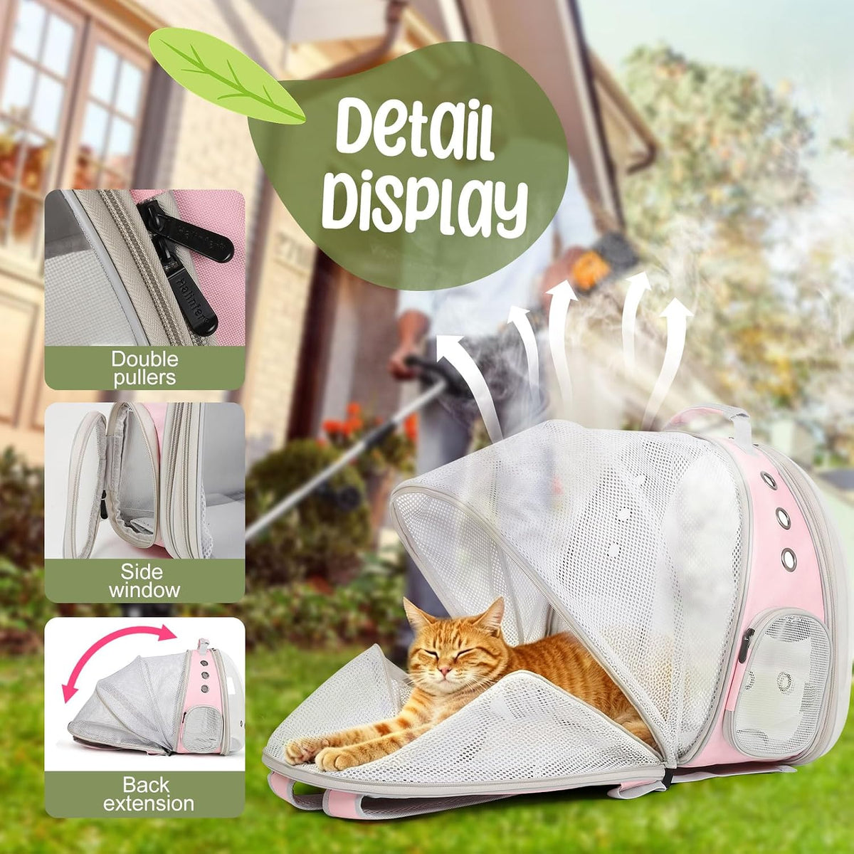 Back Extension Cat Travel Carrier Backpack (Pink, Clear Window)