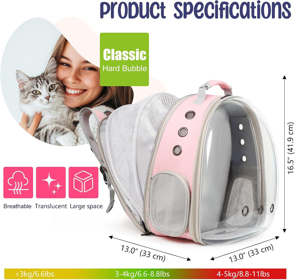Back Extension Cat Travel Carrier Backpack (Pink, Clear Window)